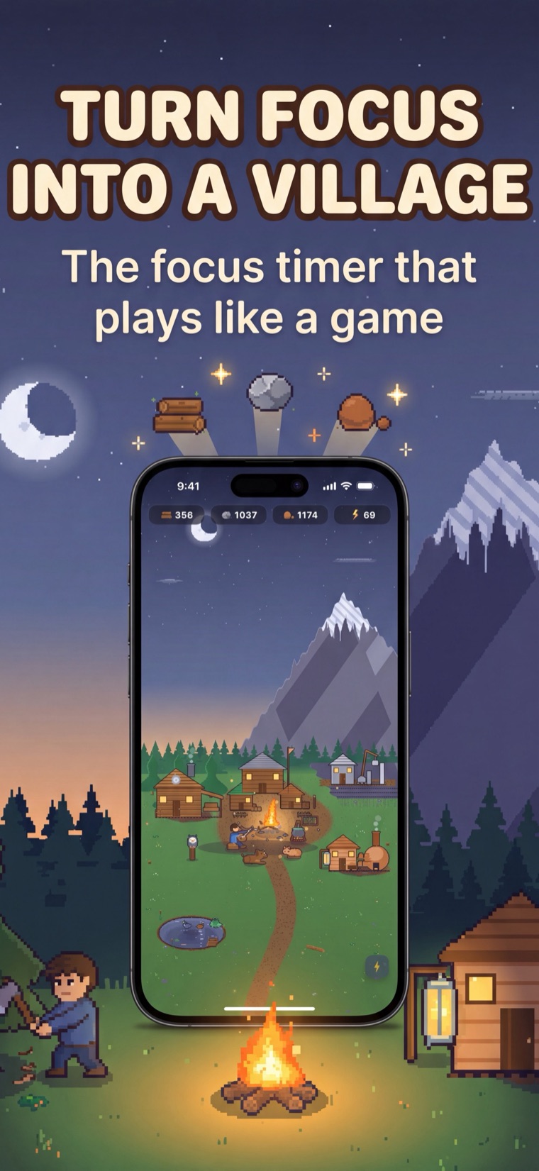 FocusVille village at night, with wood, stone and clay floating above the phone